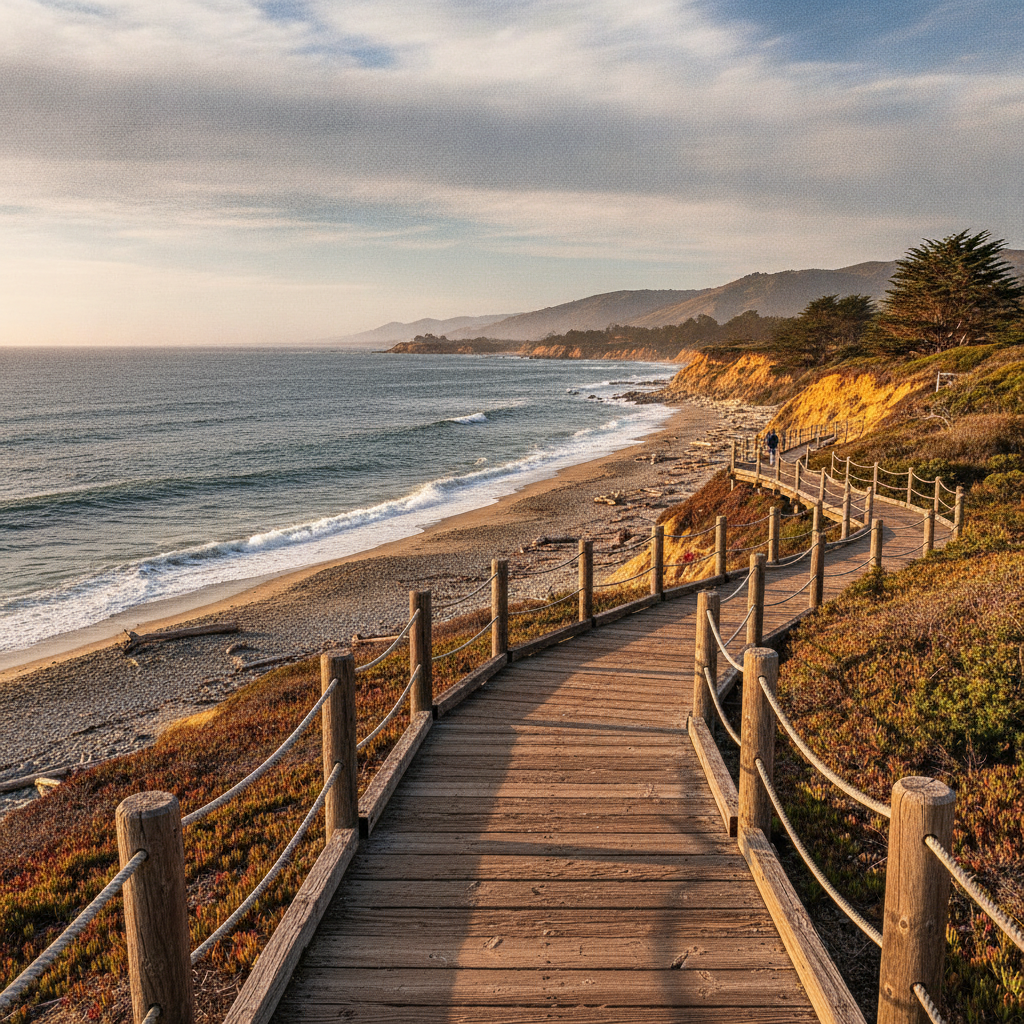 The one-mile wooden boardwalk along Moonstone Beach Drive in Cambria, California, with the Pacific and low bluffs behind it