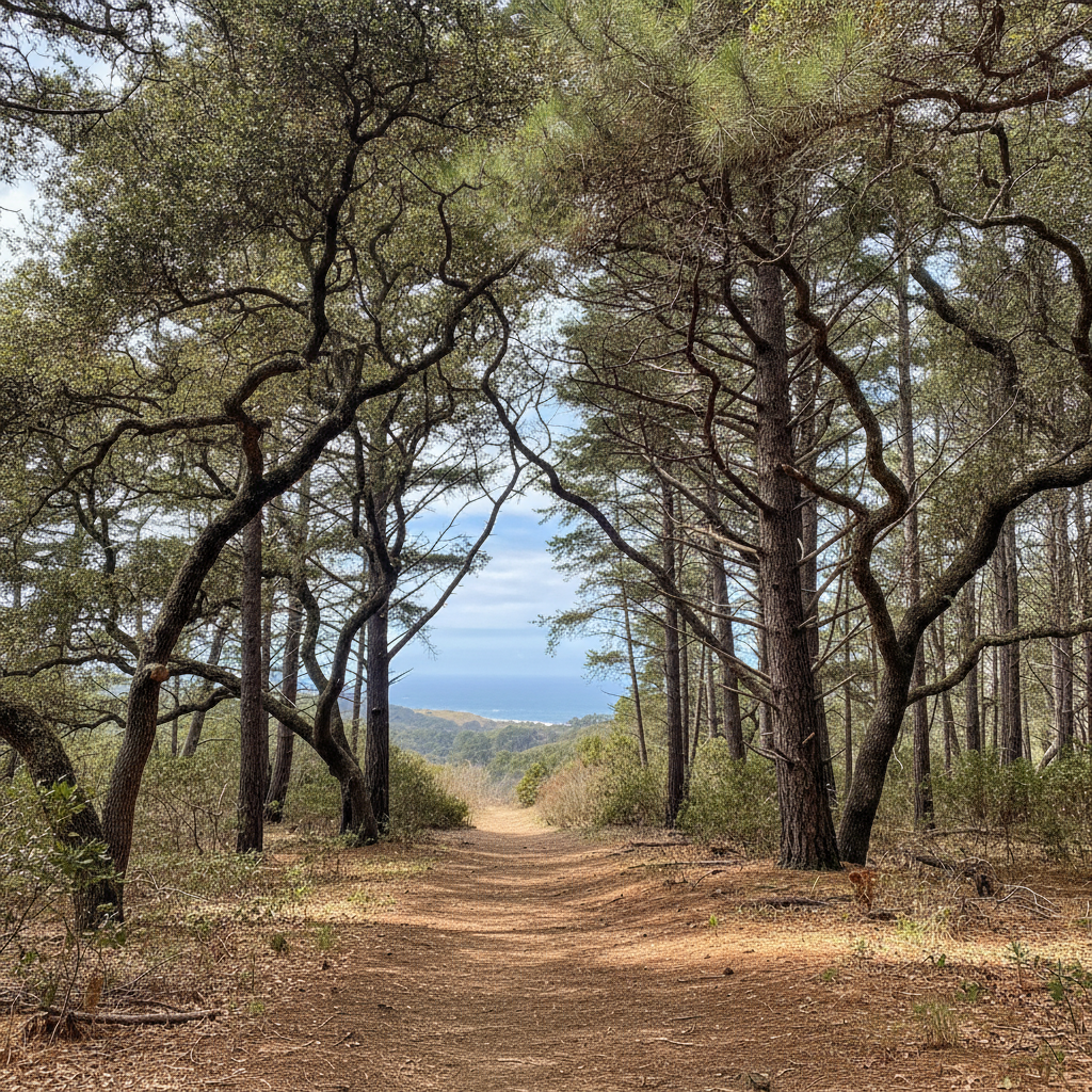 Monterey pines and coast live oaks on the Forest Loop Trail at Fiscalini Ranch Preserve in Cambria, California