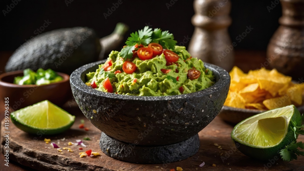 Guacamole fresco en un molcajete de piedra con tomates cherry, cilantro y gajos de limón junto a totopos
