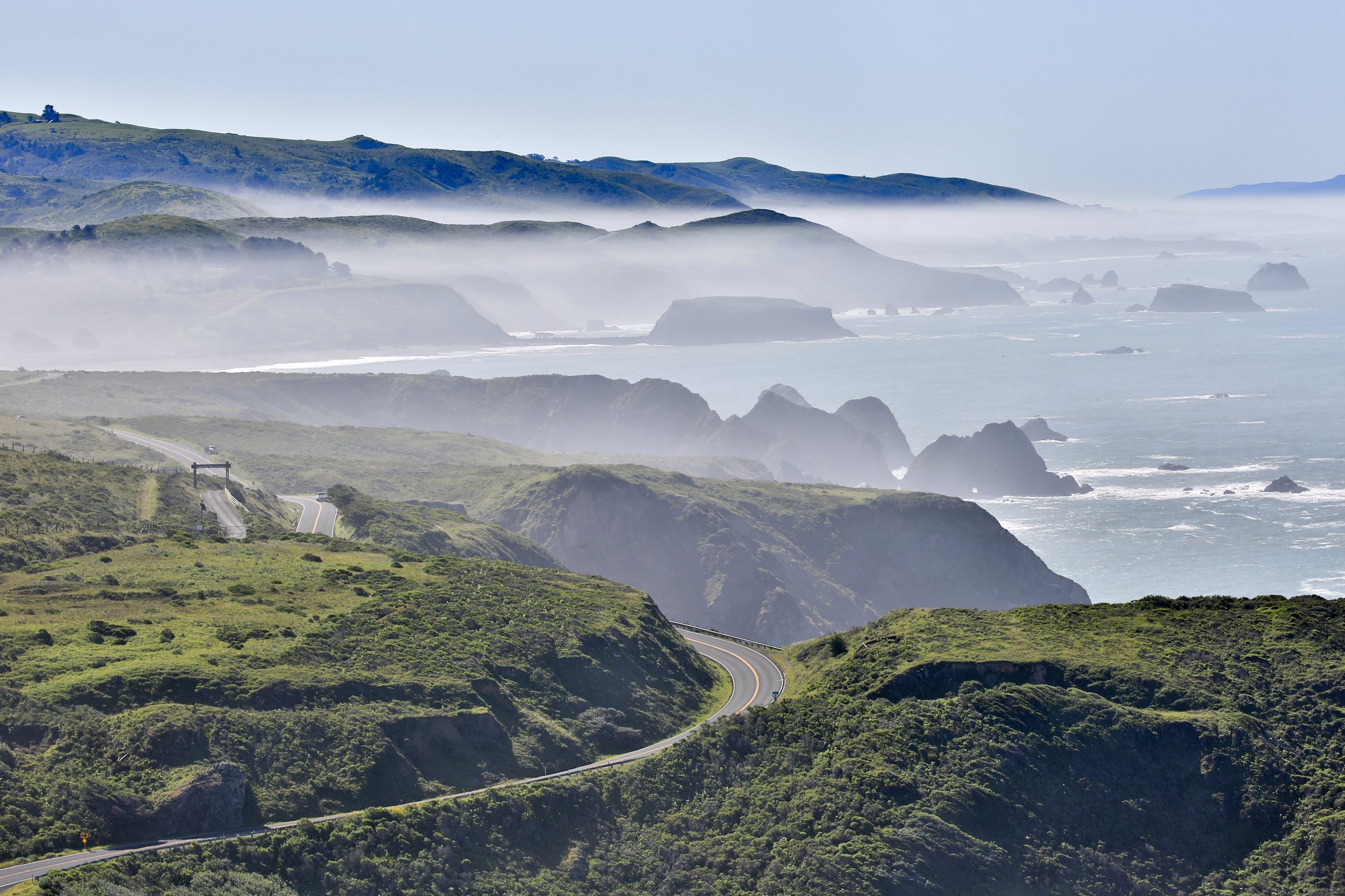 Foggy morning at Bodega Bay via Pacific Coast Highway in Sonoma County, California, USA..j