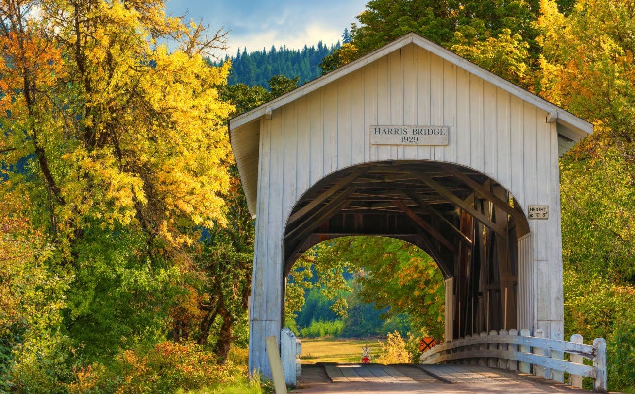 Harris Bridge 1929, a white covered bridge surrounded by autumn foliage near Philomath, Oregon