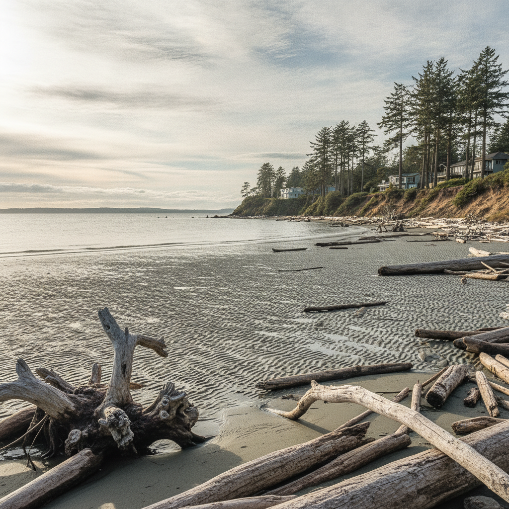Low-tide beach and driftwood at Dave Mackie Park, Maxwelton Beach, on the southern end of Whidbey Island near Clinton