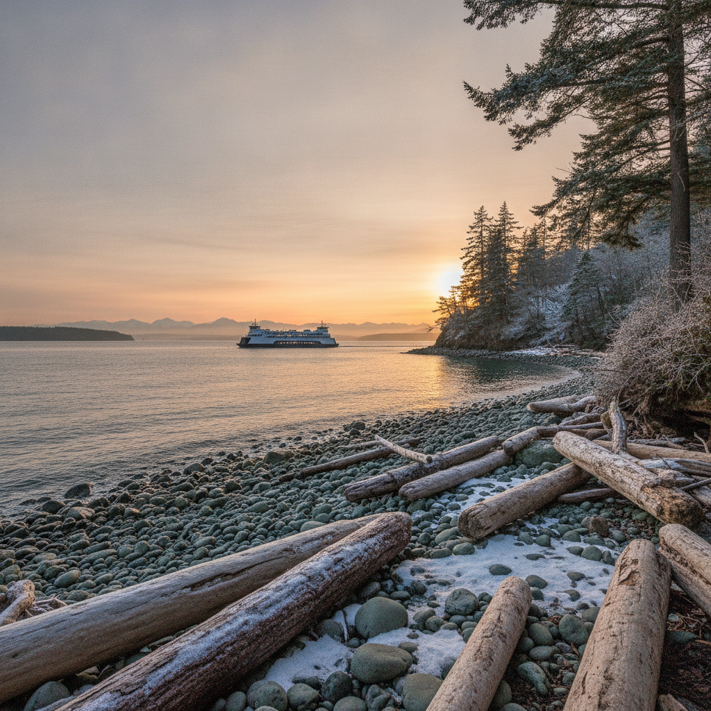 Winter afternoon on the Puget Sound shoreline at Clinton, Whidbey Island, with the Mukilteo ferry crossing in the distance