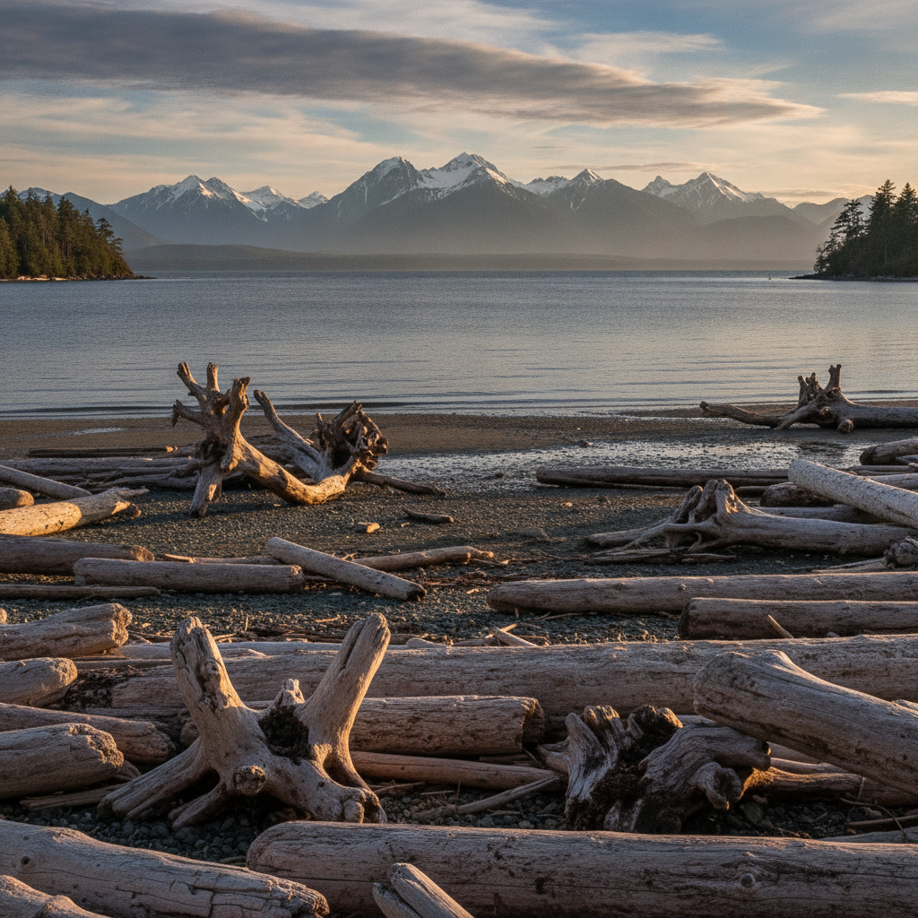 Beach and driftwood at Dave Mackie Park on Maxwelton Beach, Clinton, Whidbey Island, with the Olympic Mountains across the water