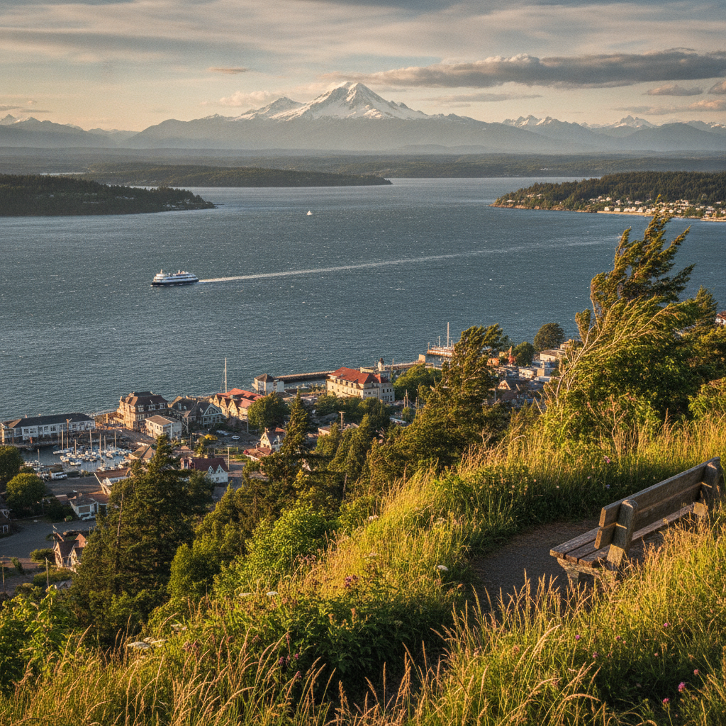 Saratoga Passage seen from a bluff above Langley, Washington, with the Cascades on the far shore
