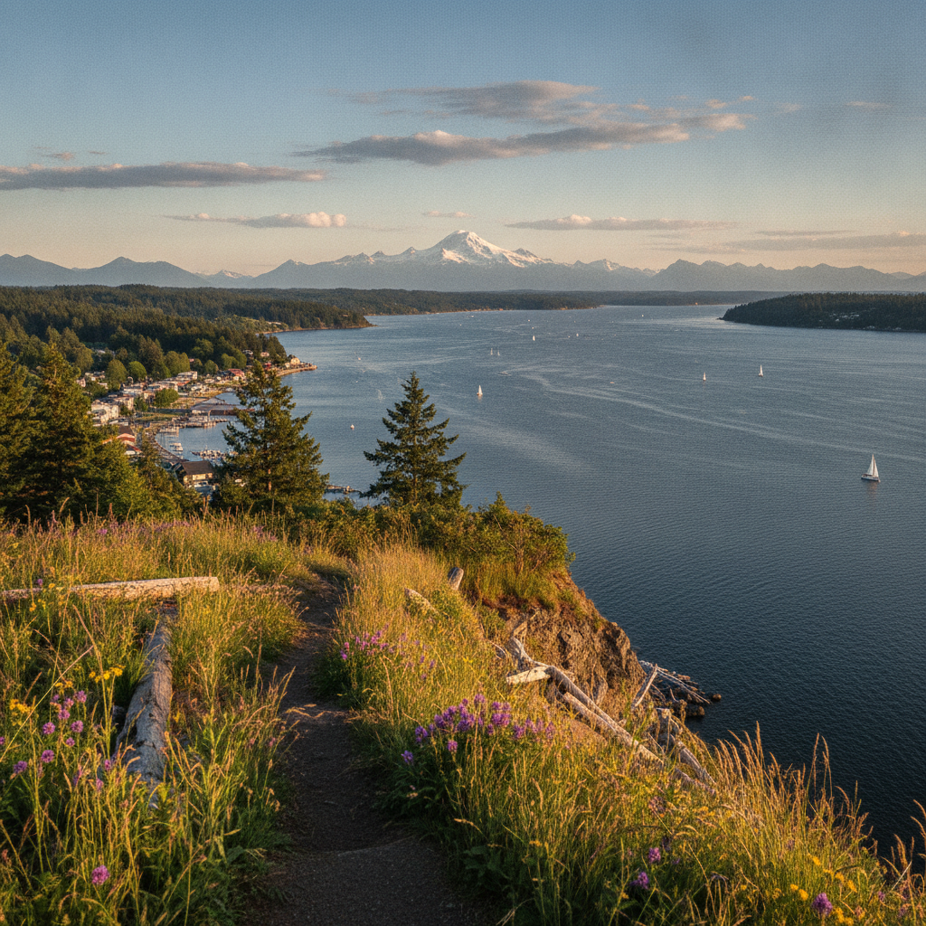 Saratoga Passage seen from a bluff above Langley, Washington, with the Cascade foothills across the water