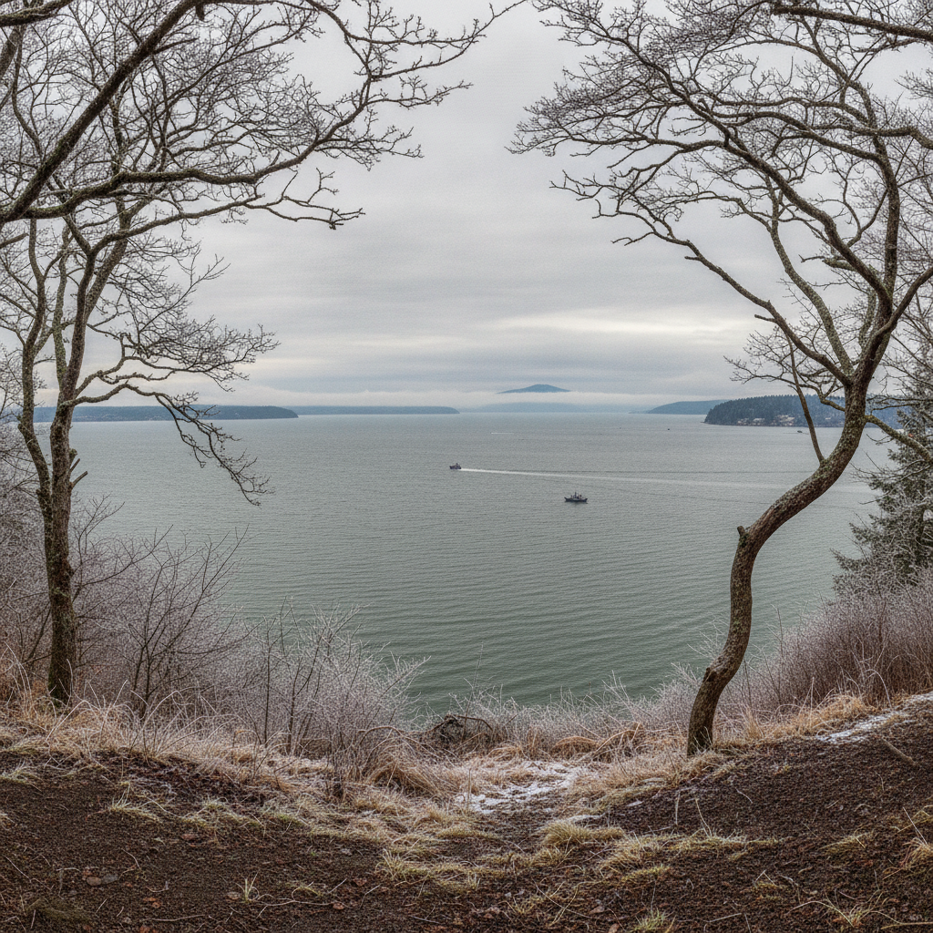 Winter view over Saratoga Passage from a bluff in Langley, Washington, with bare trees and grey water