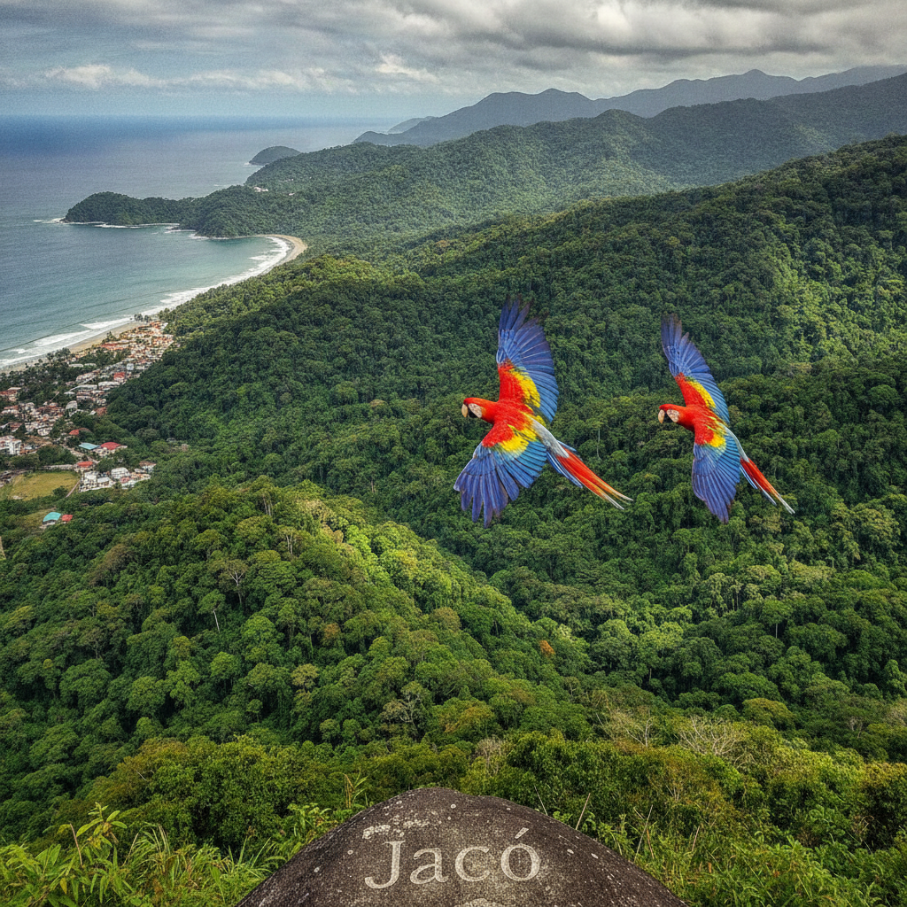Hellrote Aras fliegen über regenwaldbedeckte Berge oberhalb von Jacó in Garabito, Puntarenas, Costa Rica