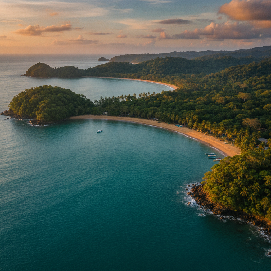 The horseshoe-shaped bay at Playa Herradura, Costa Rica, with calm water and forested hills behind the beach