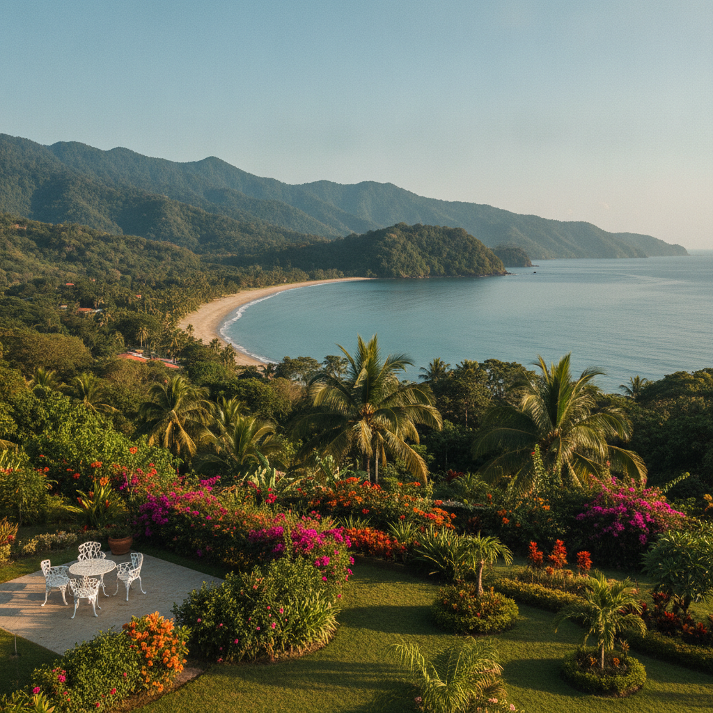 Forested mountain ridges behind Playa Herradura, Puntarenas, seen from a garden on a clear morning