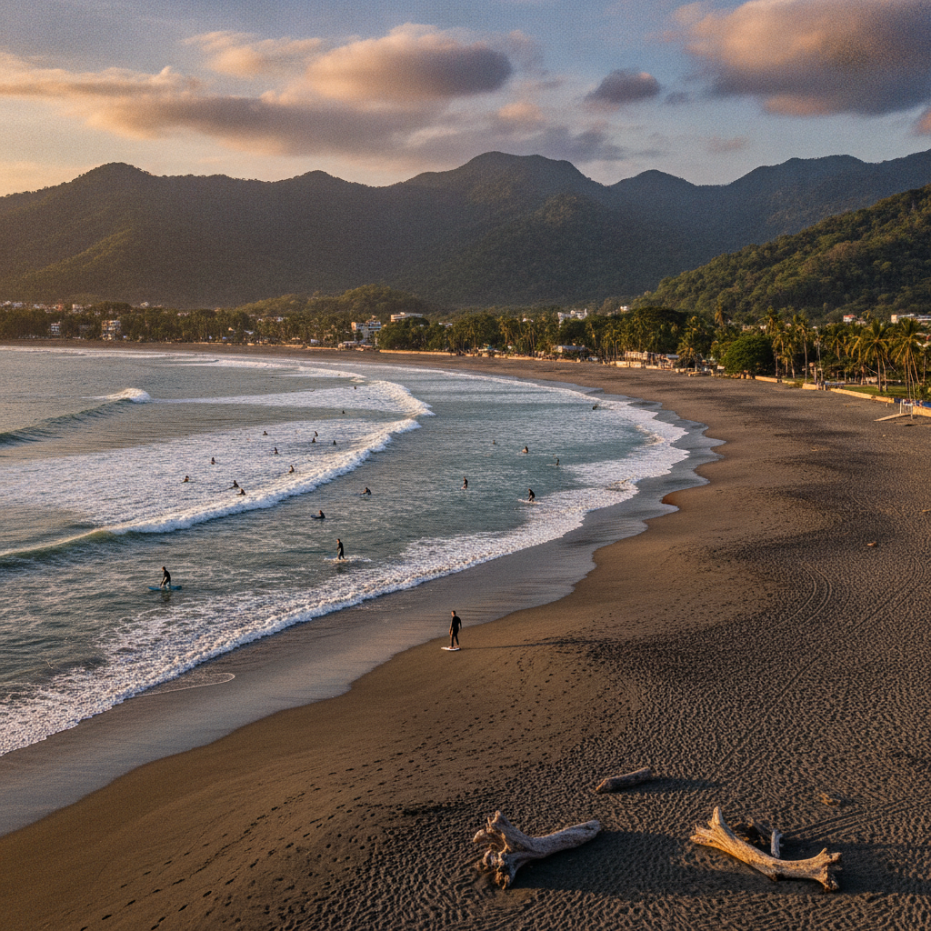 Jaco Beach in Garabito, Costa Rica, a long stretch of grey-sand beach with surfers in the water and forested mountains behind the town