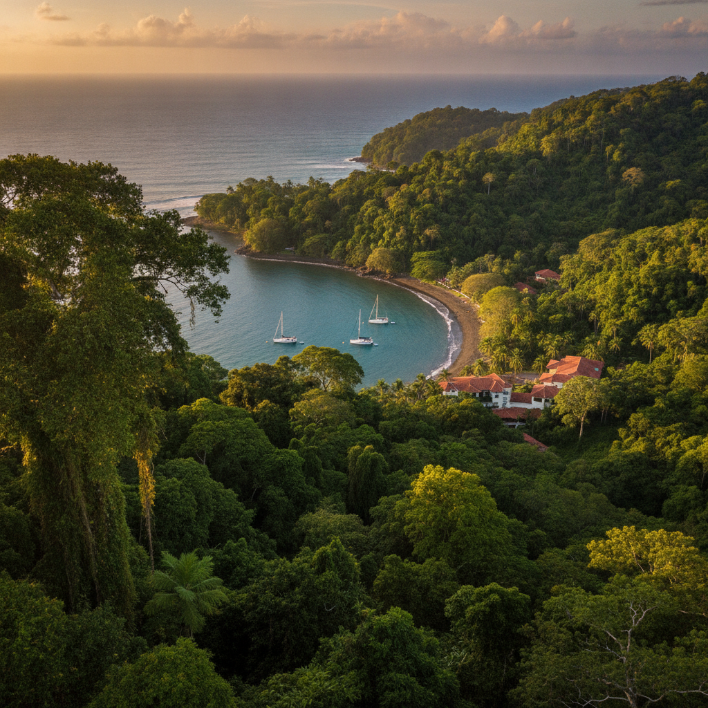 Rainforest-covered hillside above Playa Herradura, Puntarenas, Costa Rica, in late afternoon light