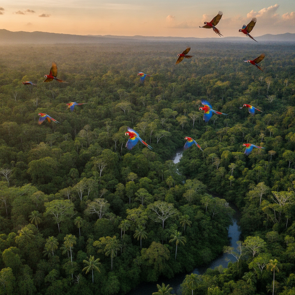 Scarlet macaws flying over the forest canopy at Carara National Park, Puntarenas, Costa Rica