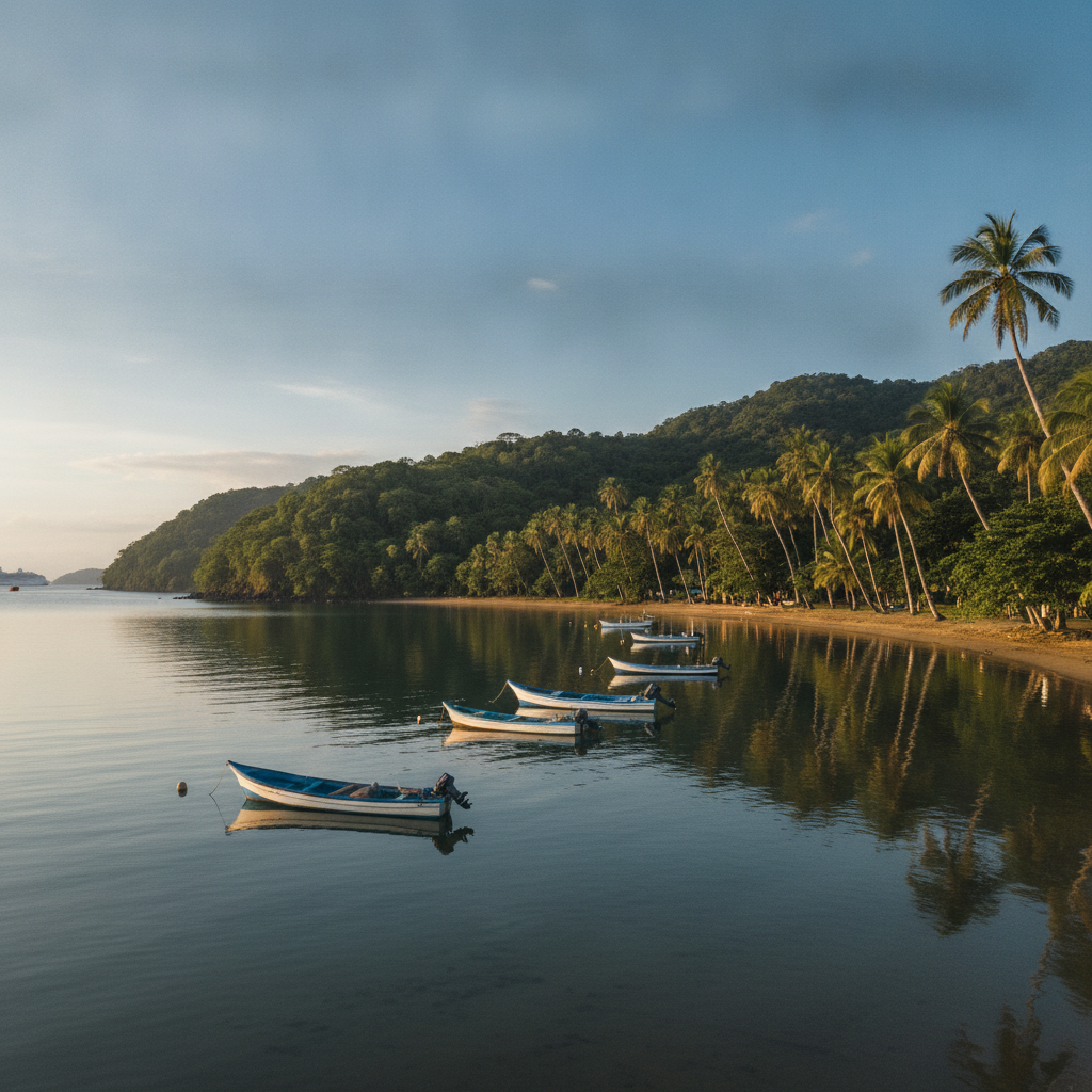 Playa Herradura north of Jaco, Costa Rica: horseshoe-shaped bay with calm water, fishing boats at anchor and palms along the shoreline