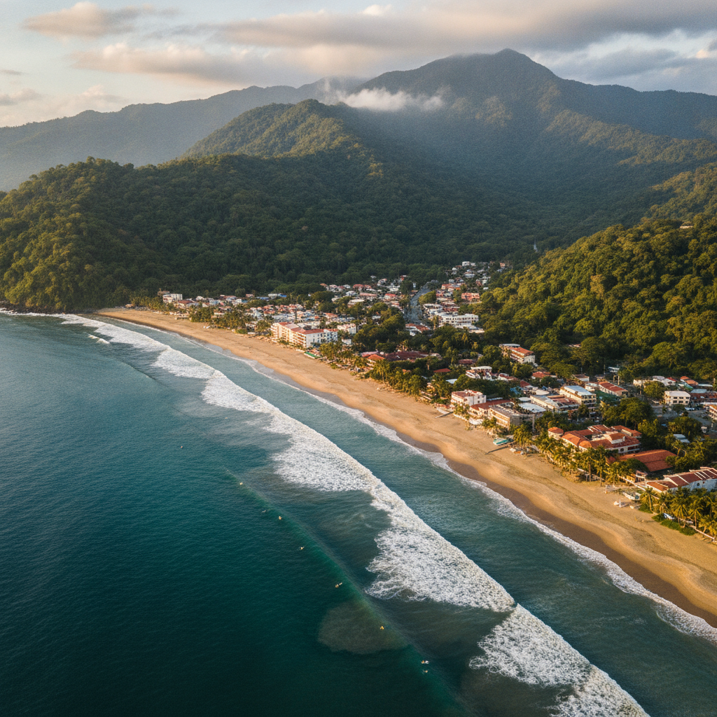 Playa Jacó beach curving along the Pacific coast of Garabito, Puntarenas, with rainforest-covered mountains behind the town