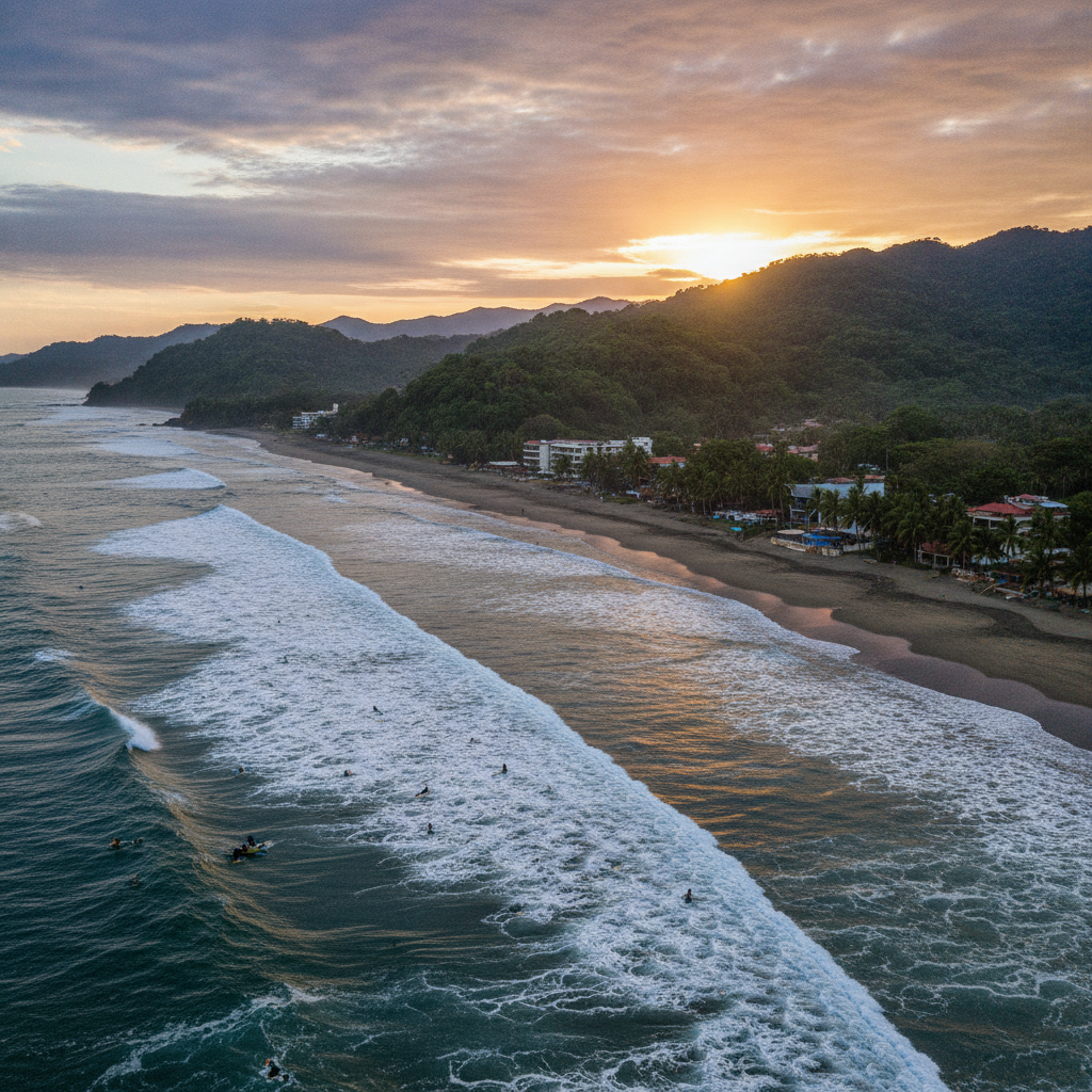 Playa Jacó beach on the central Pacific coast of Costa Rica, with surf breaking and forested mountains behind the town