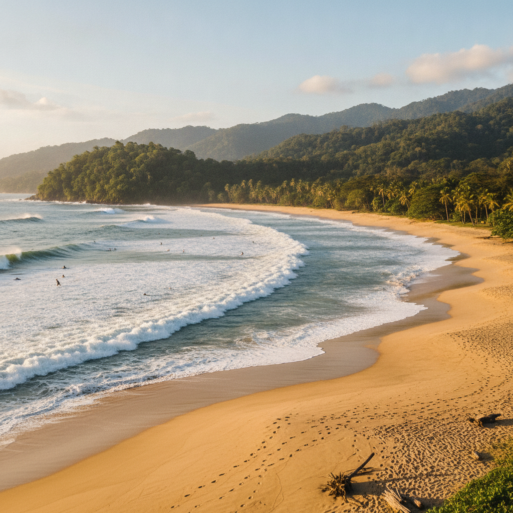 Costa de Playa Jacó en Garabito, Puntarenas, Costa Rica, en diciembre durante la estación seca, con olas rompiendo y montañas boscosas detrás de la playa