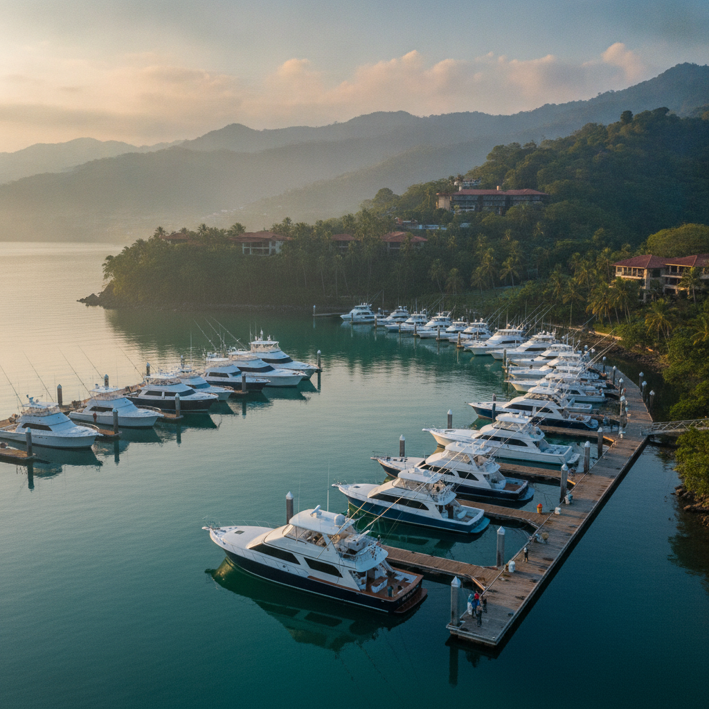 Sport fishing boats moored in Herradura Bay at Los Sueños Marina, Puntarenas, Costa Rica, early morning