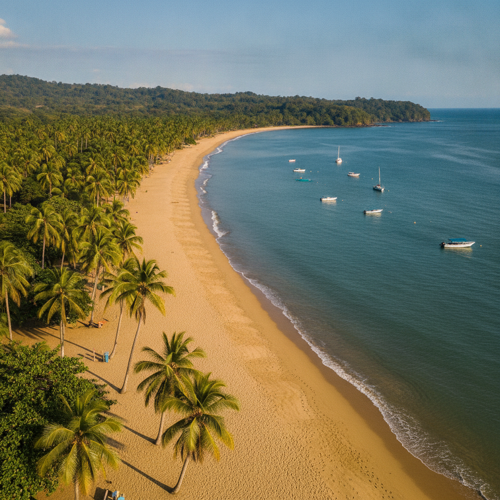 Palm-fringed golden sand and calm water at Playa Herradura, Puntarenas, Costa Rica, on a clear afternoon