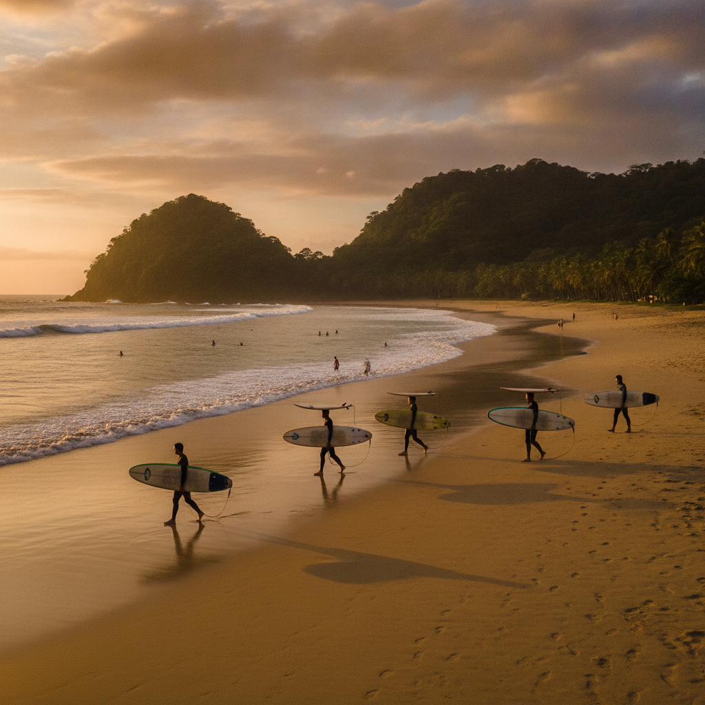 Des surfeurs portant leurs planches sur le sable de Playa Jacó, à Garabito, au Costa Rica, avec des promontoires boisés derrière la plage
