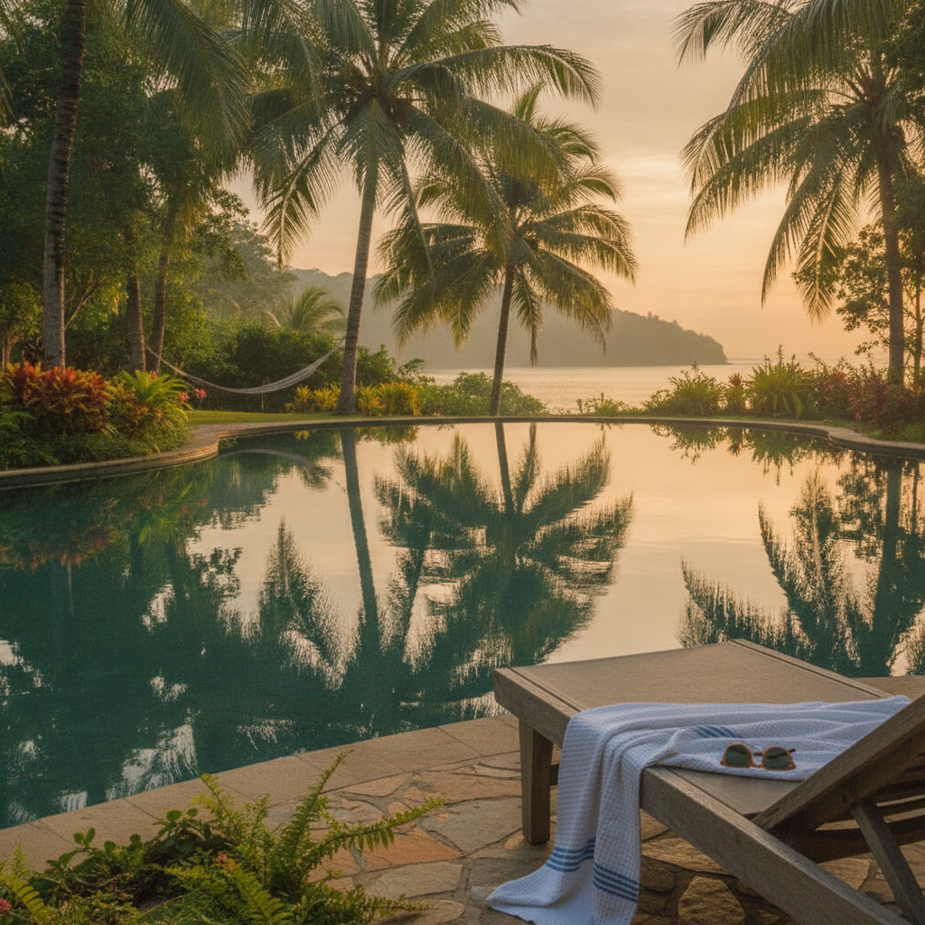 The shared outdoor pool and tropical landscaping at Zenergy Casa & Cabinas in Playa Herradura, Costa Rica