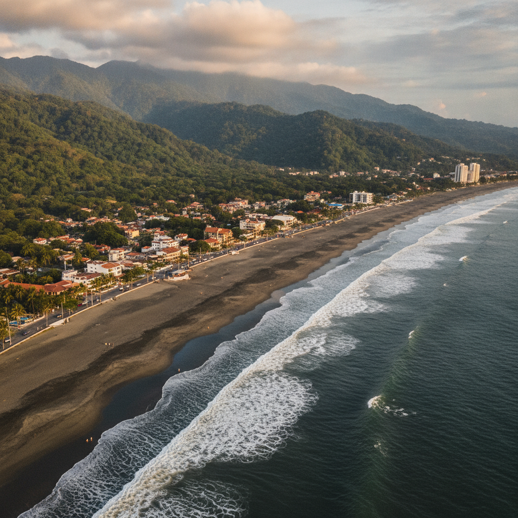 Grauer Sandstrand Playa Jacó in Garabito, Costa Rica, mit regenwaldbedeckten Hügeln hinter dem Küstenort