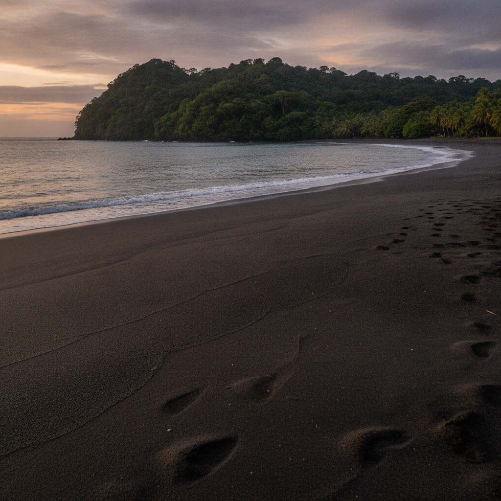 Dark volcanic sand and calm water at Playa Herradura, Garabito, Puntarenas, Costa Rica, with forested headland behind