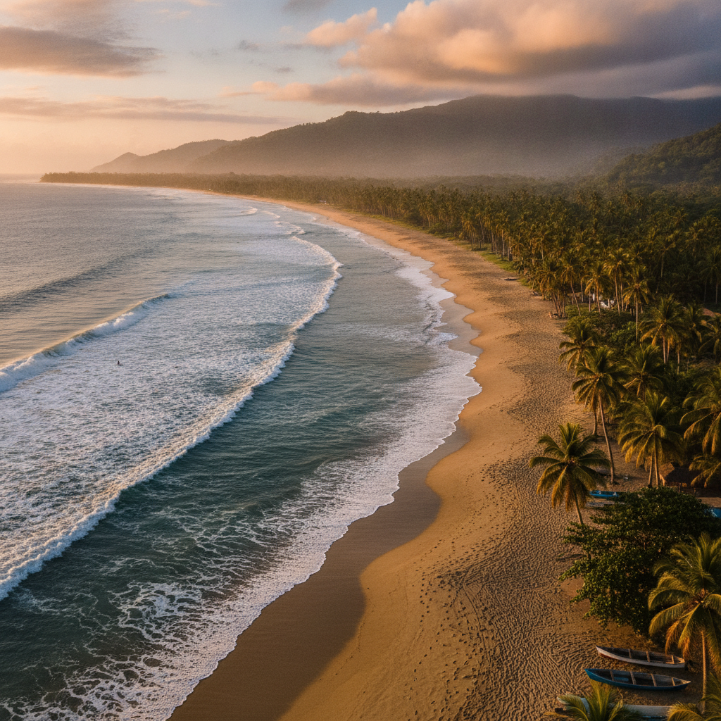 Palm-lined Playa Jacó on Costa Rica's central Pacific coast at sunset, with surf rolling in and forested mountains behind the beach