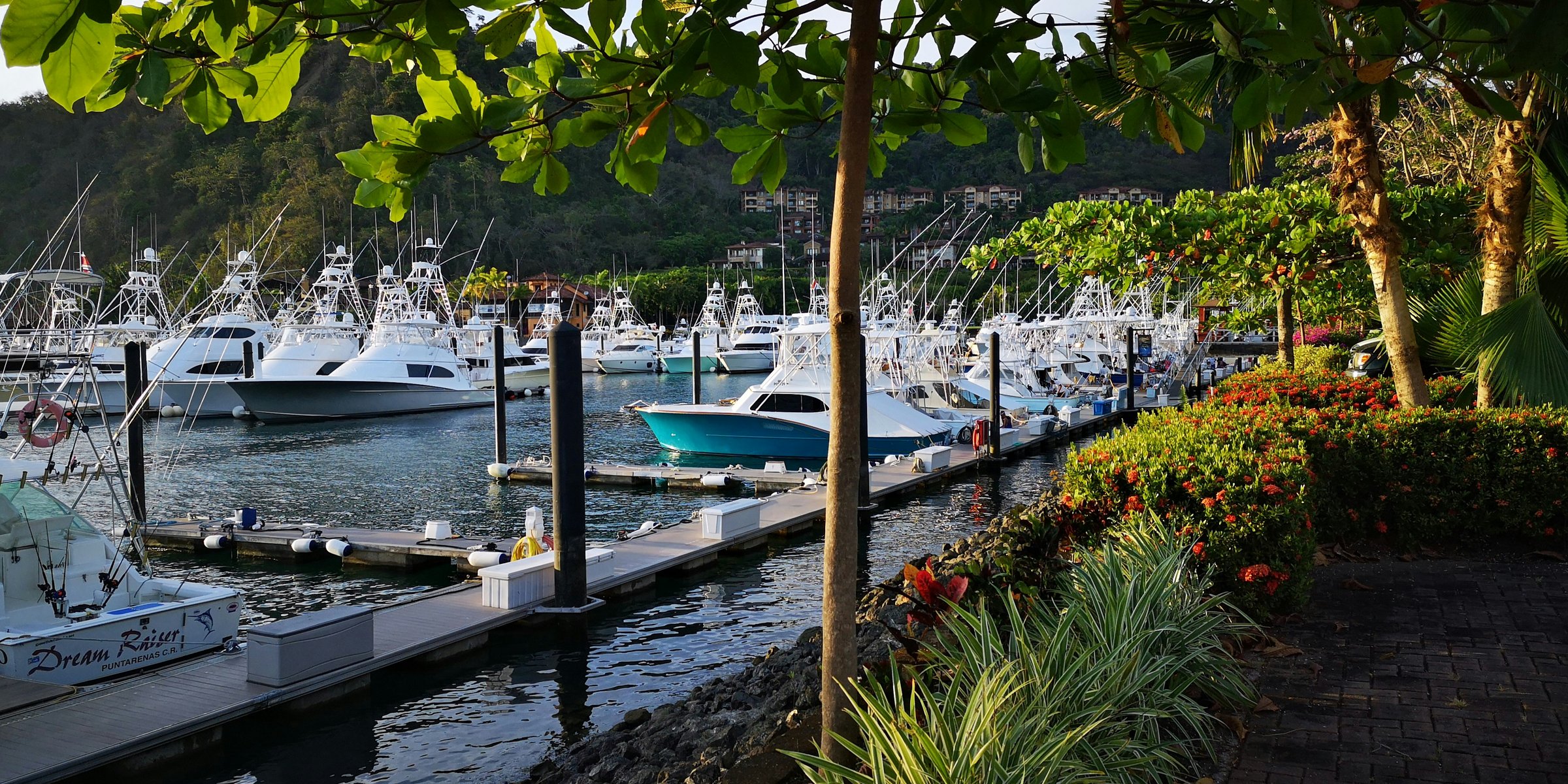 The marina at Playa Herradura, Costa Rica, with sport fishing boats moored and forested hills behind