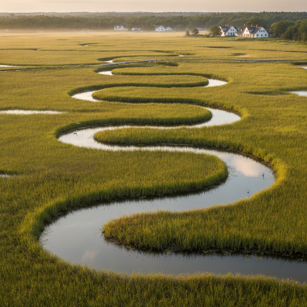 Salt marsh channels and tidal creeks at the Wells Reserve at Laudholm in Wells, Maine, on a summer morning
