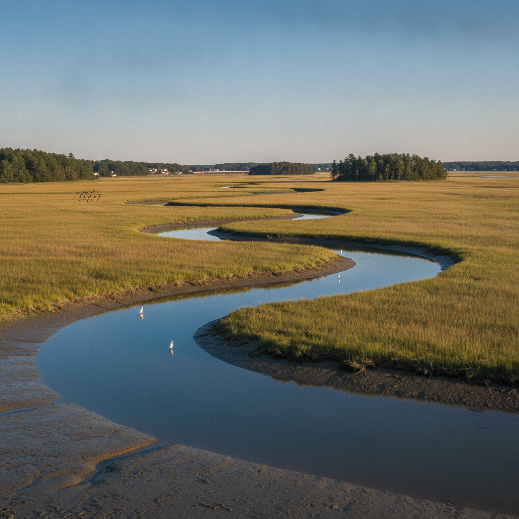 Salt marsh and tidal creek along the Webhannet River in Wells, Maine, on a clear summer morning