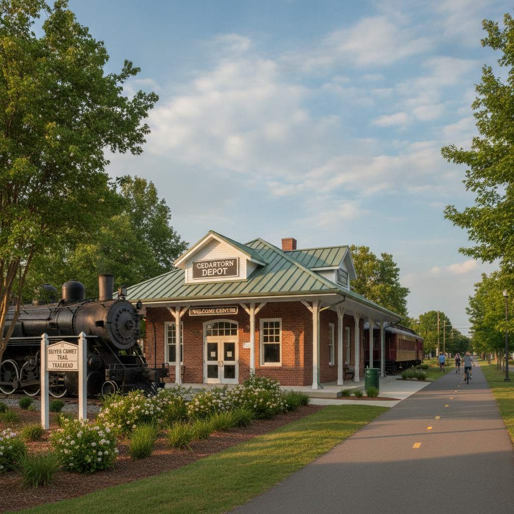 The Cedartown Depot and welcome center on South Main Street, a replica railway depot at the Silver Comet Trail trailhead