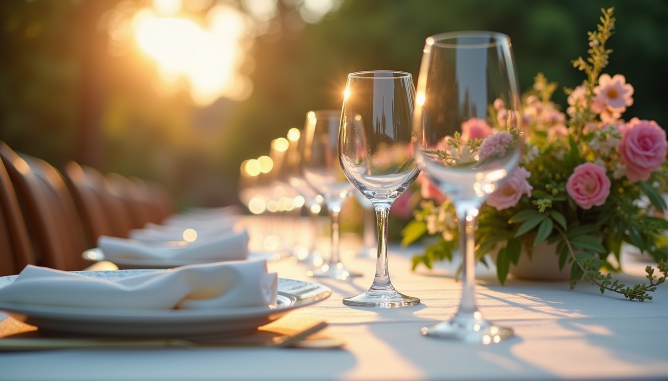 Eye-level view of wine glasses on a beautifully set table at a spring event