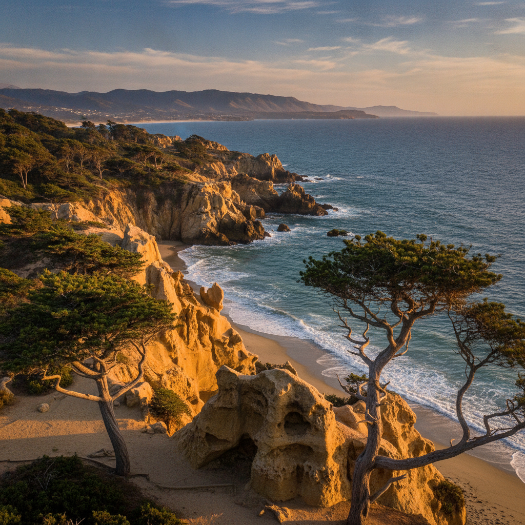 Sandstone bluffs and twisted Torrey pines above the Pacific at Torrey Pines State Natural Reserve near La Jolla