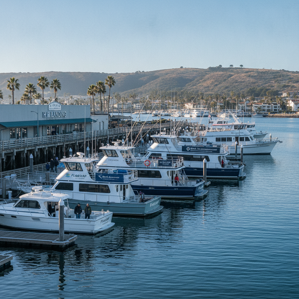 Whale watching boats docked at H&M Landing on Emerson Street in Point Loma, San Diego, on a clear winter morning