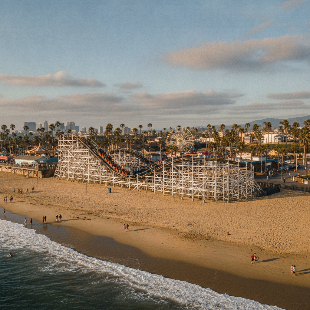 The historic wooden roller coaster at Belmont Park on the sand at Mission Beach, San Diego