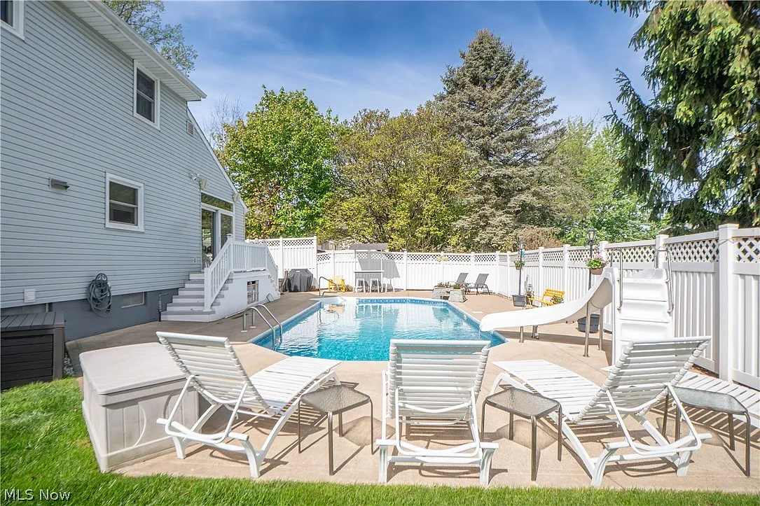 Private backyard with an inground swimming pool and waterslide at a family-friendly Ohio vacation rental