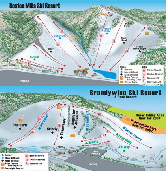 Trail map of Boston Mills and Brandywine Ski Resorts in Cuyahoga Valley National Park, featuring beginner and advanced skiing routes.