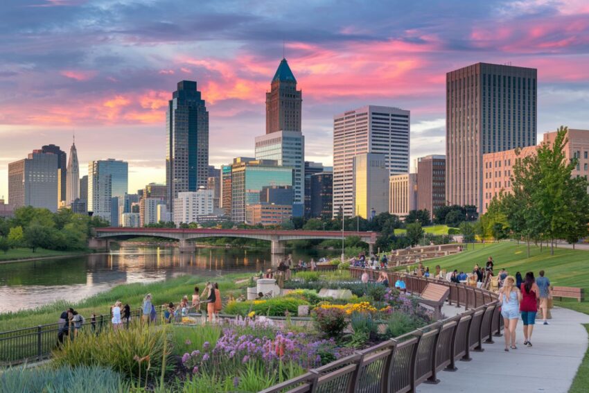 Downtown Columbus Ohio skyline near Ohio State University at sunset