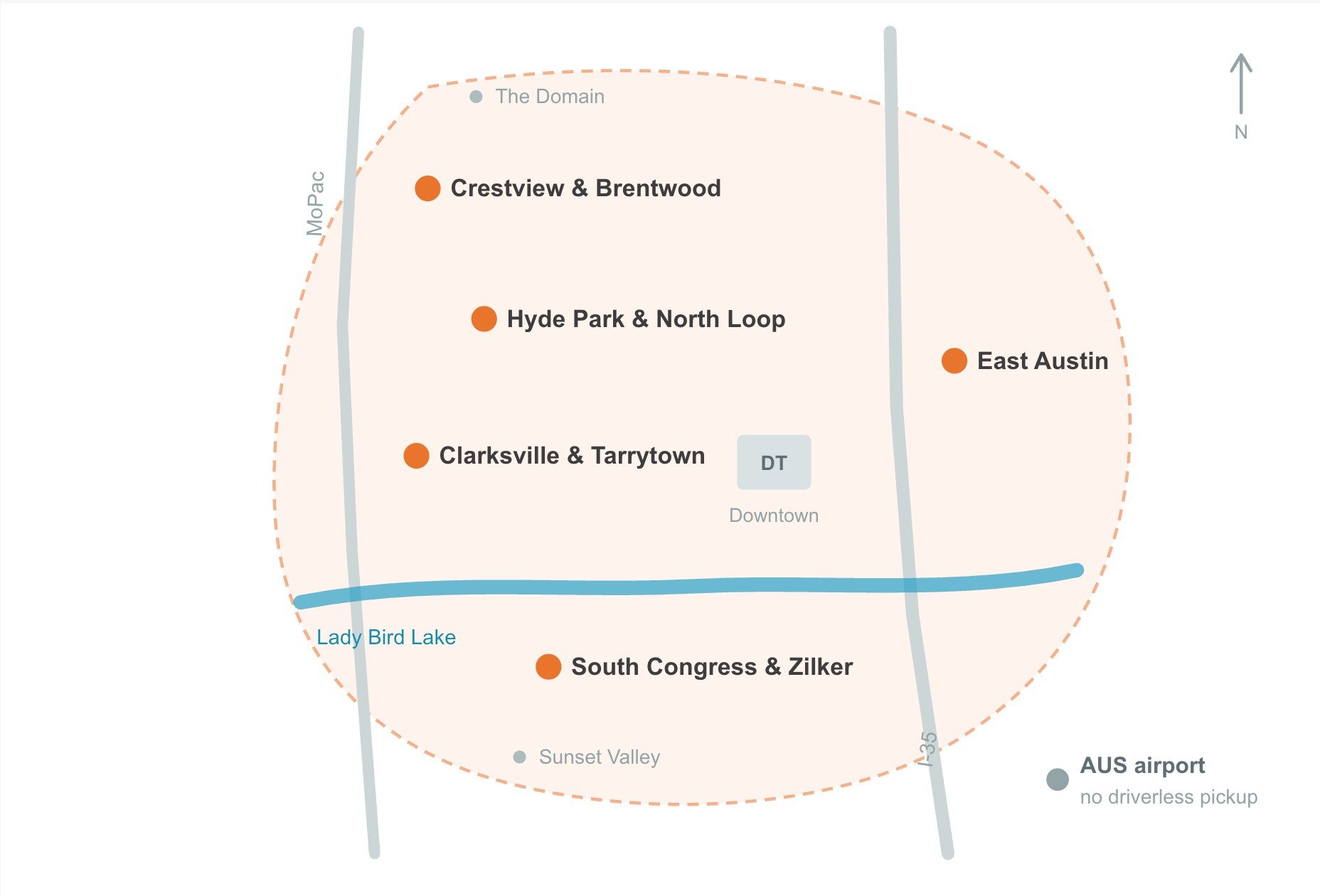 Map of Austin driverless zone showing Crestview & Brentwood, Hyde Park & North Loop, East Austin, Clarksville & Tarrytown, South Congress & Zilker, and Downtown, with AUS airport marked outside the zone