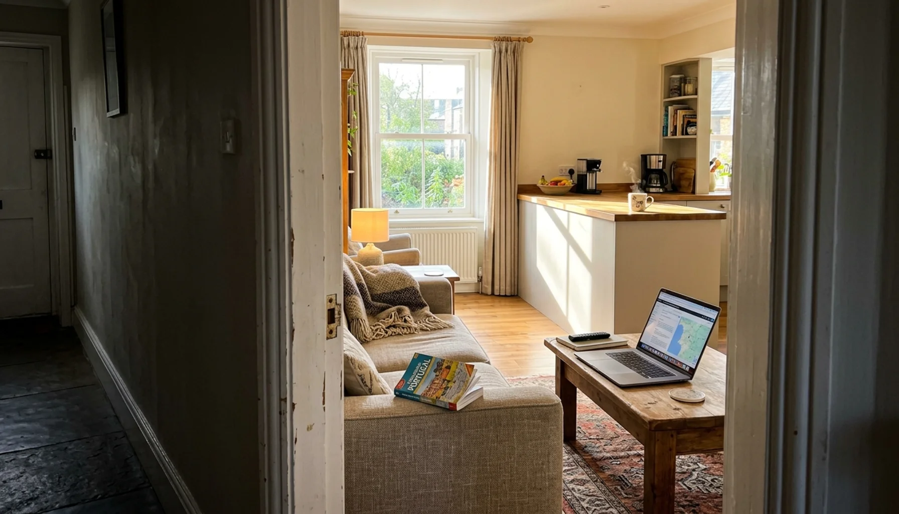 Sunlit vacation rental living room viewed through a doorway, illustrating multi-platform OTA management benefits with a travel-ready, guest-welcoming space
