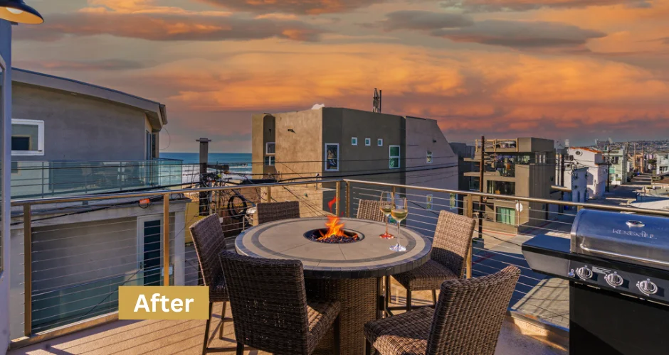 Rooftop patio with fire pit and city skyline views in San Diego rental neighborhood