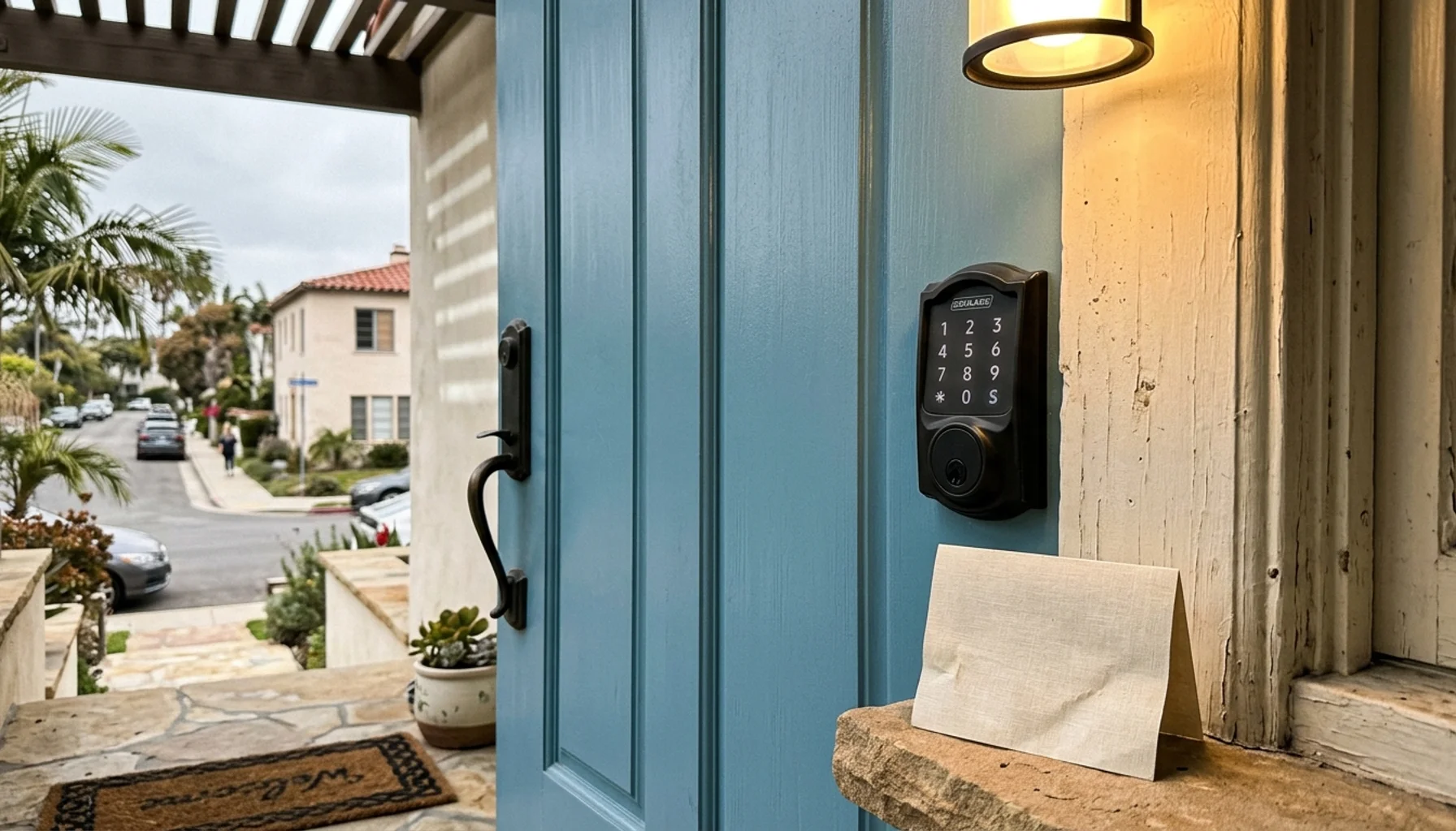 Smart lock keypad on a La Jolla vacation rental door, representing top Airbnb management companies in San Diego