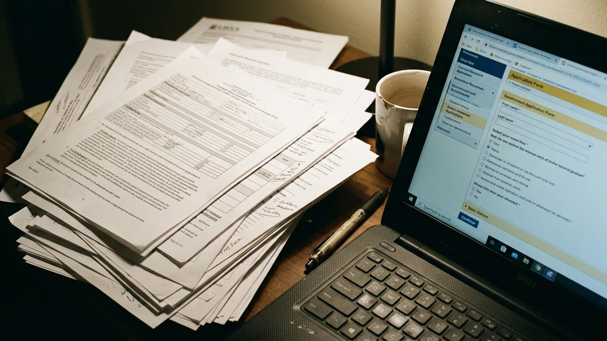 Hands sorting tax documents beside a laptop for ledger rental records and San Diego permit filings