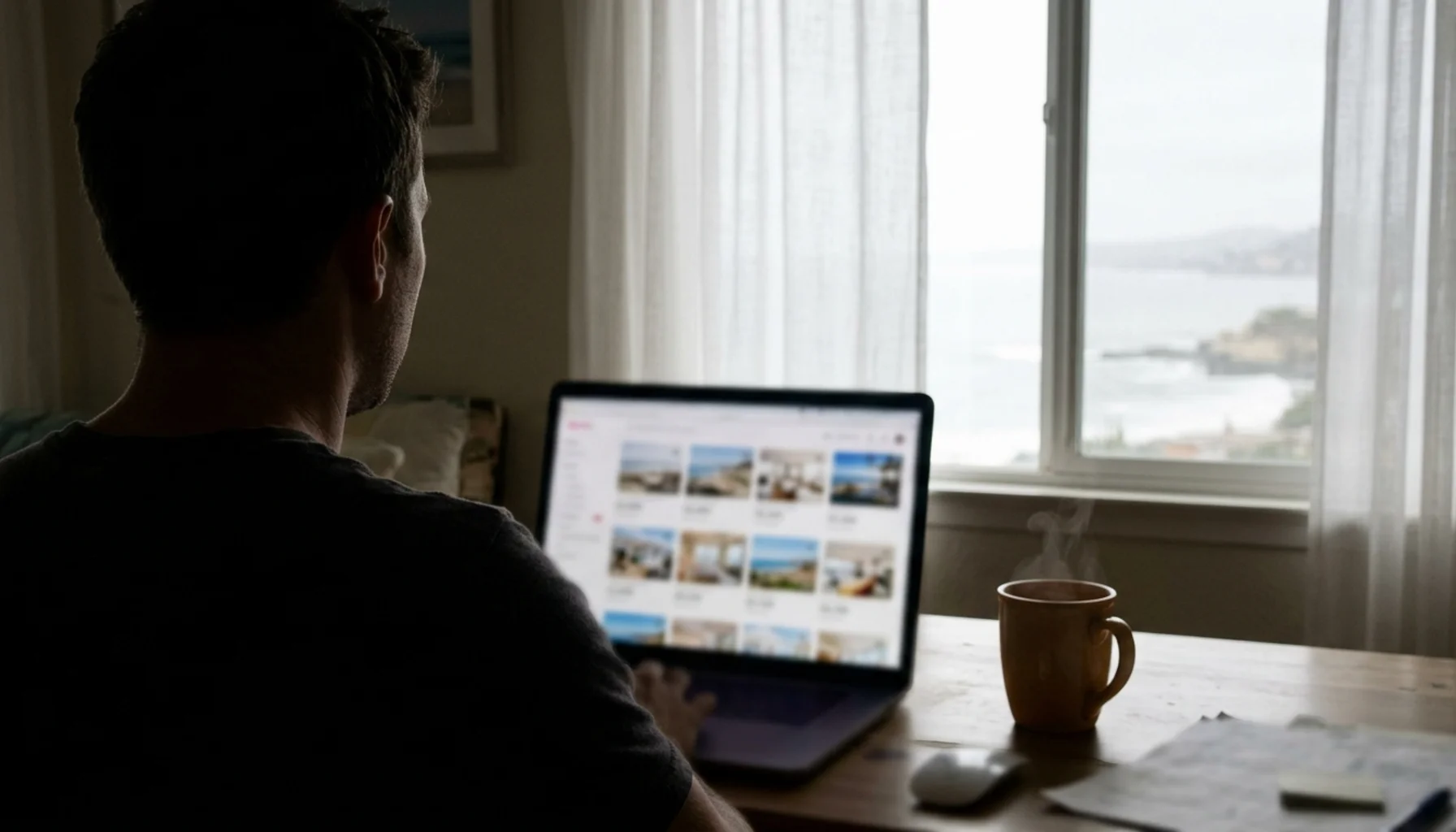 Laptop showing listing rankings illustrates how a booking algorithm evaluates La Jolla vacation rentals