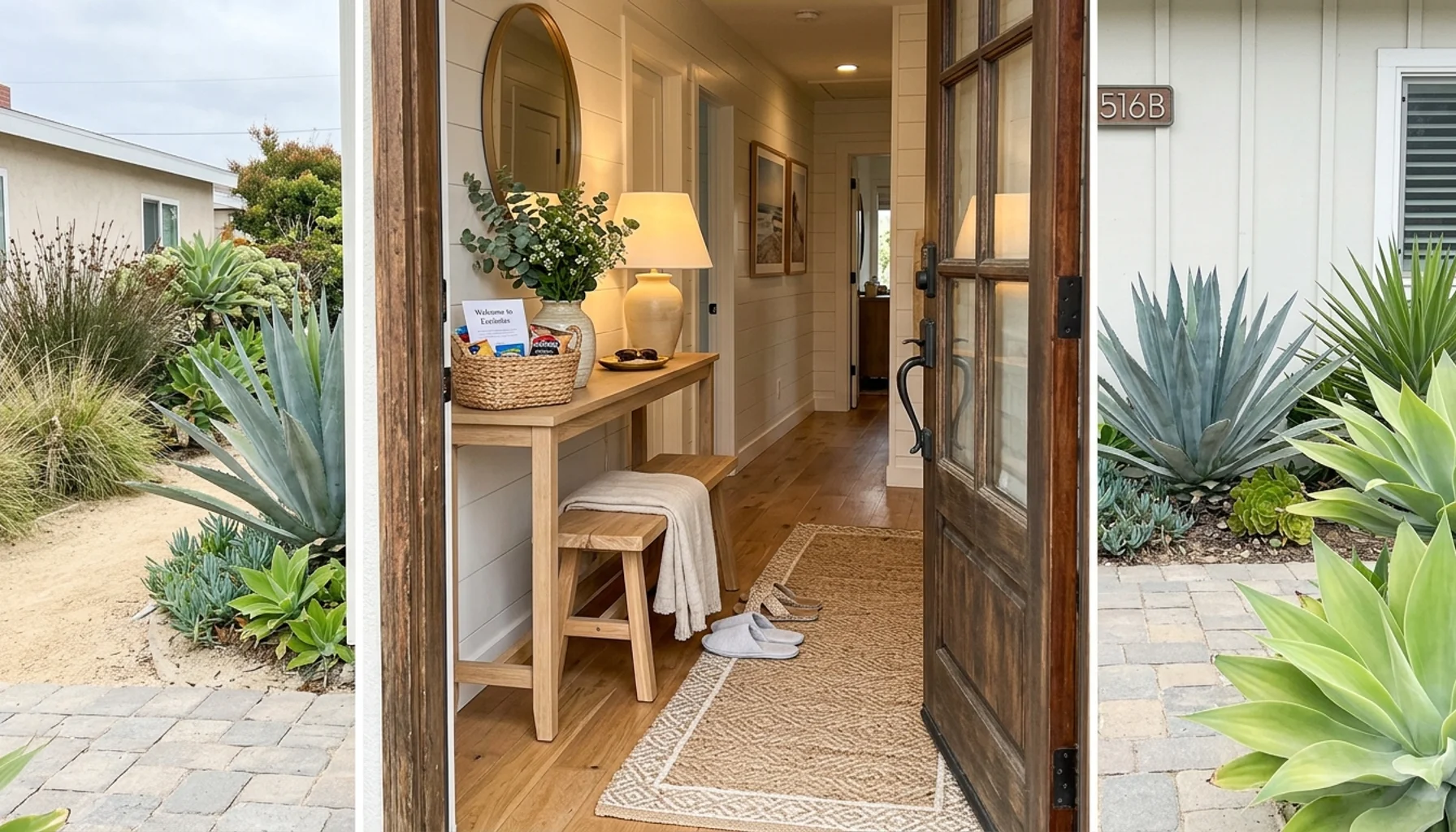 Welcoming Encinitas vacation rental entryway with fresh flowers, illustrating vrbo premier host benefits
