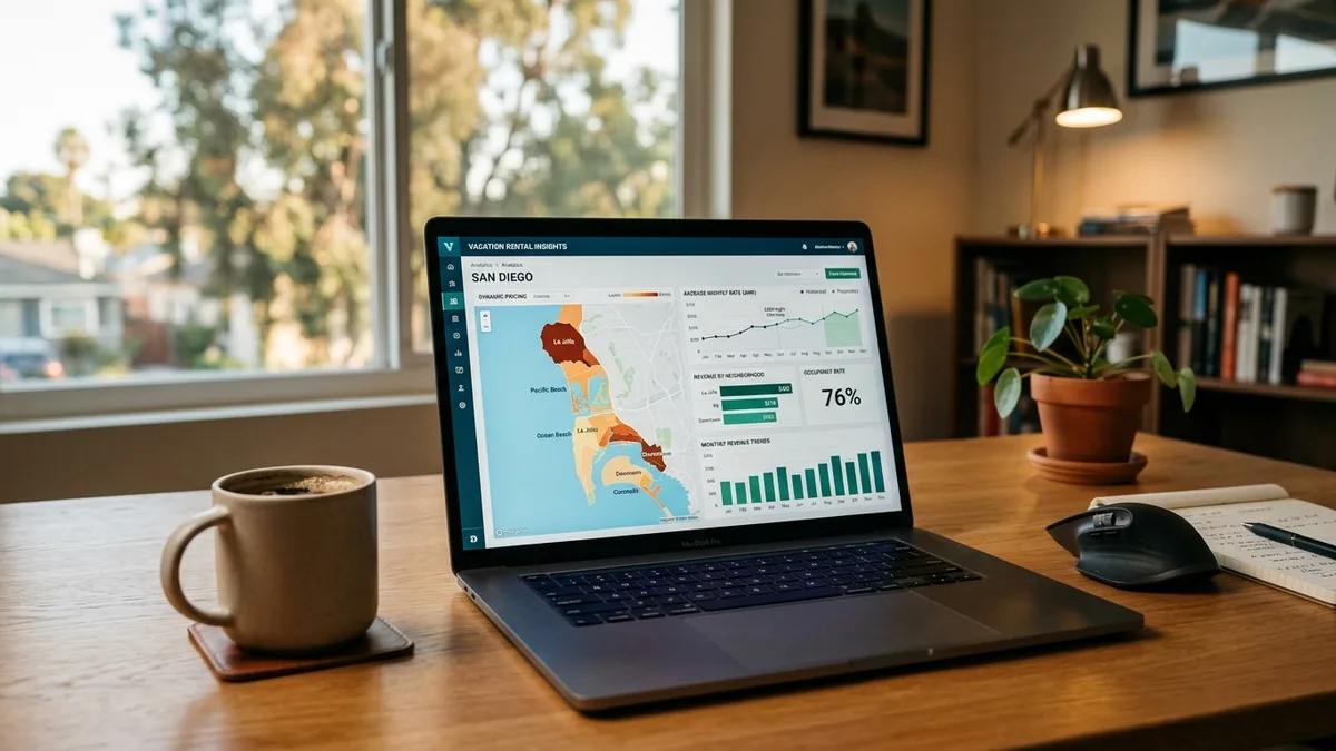 Multi-platform OTA management benefits dashboard showing vacation rental dynamic pricing for San Diego property