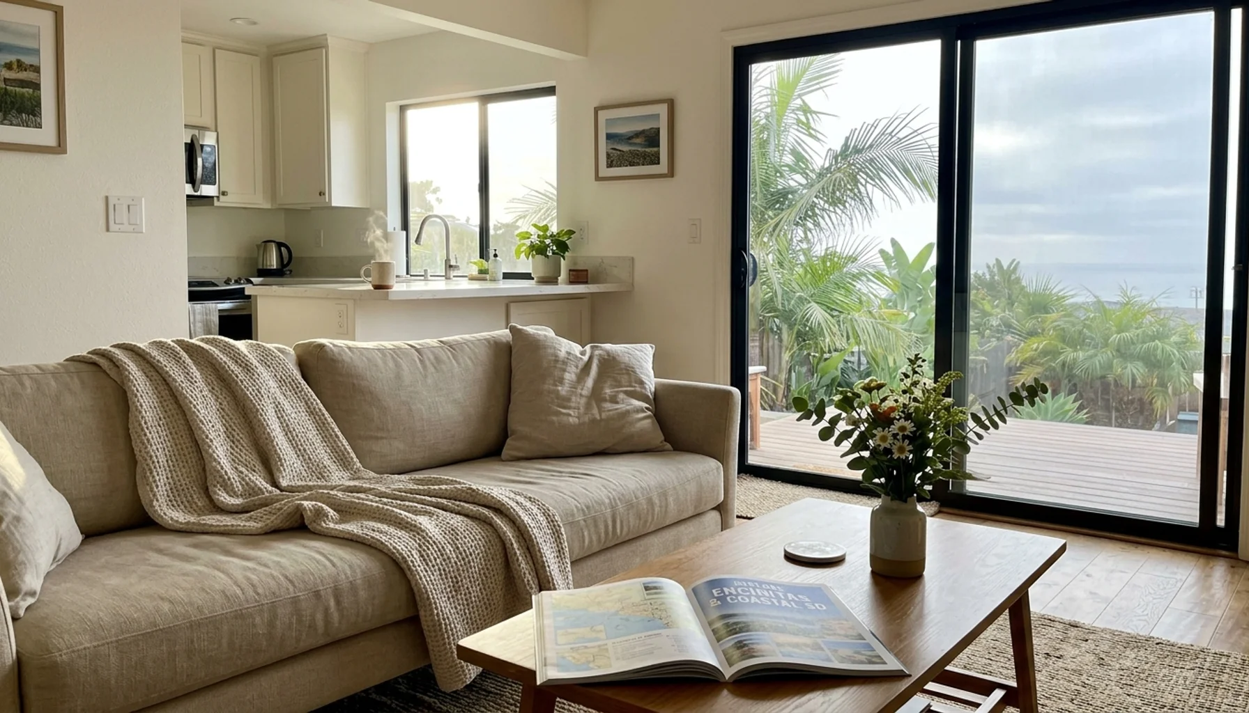 Bright, clean Encinitas vacation rental living room showing peak season pricing vacation rental Encinitas appeal with coastal morning light