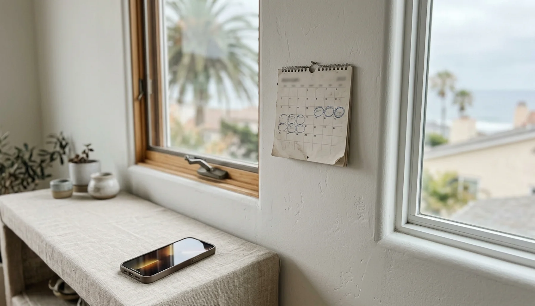 Wall calendar with clustered booking dates and glowing phone illustrate how to increase vacation rental revenue in La Jolla