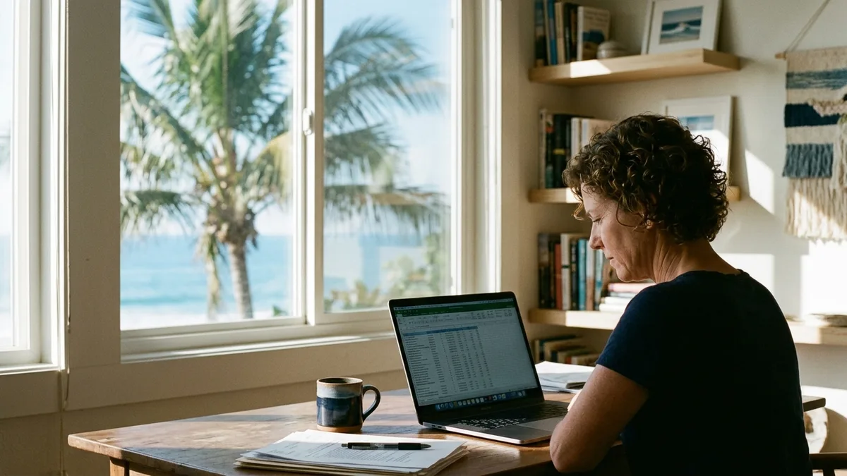 Property owner reviewing a rental roll spreadsheet for multiple Pacific Beach units